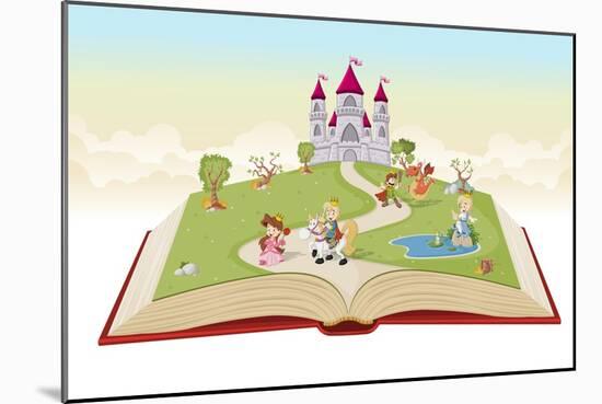 Open Book with Cartoon Princesses and Princes in Front of a Castle.-Denis Cristo-Mounted Premium Giclee Print