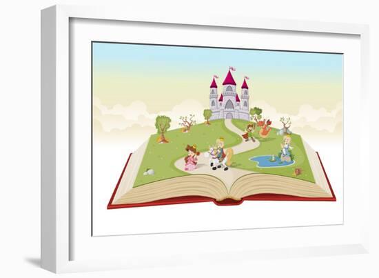 Open Book with Cartoon Princesses and Princes in Front of a Castle.-Denis Cristo-Framed Art Print