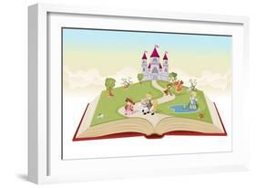 Open Book with Cartoon Princesses and Princes in Front of a Castle.-Denis Cristo-Framed Art Print