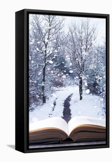 Open Book with Winter Woodland Background and falling Snow-Chris_Elwell-Framed Stretched Canvas