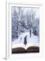 Open Book with Winter Woodland Background and falling Snow-Chris_Elwell-Framed Photographic Print