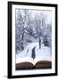 Open Book with Winter Woodland Background and falling Snow-Chris_Elwell-Framed Photographic Print