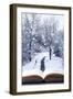 Open Book with Winter Woodland Background and falling Snow-Chris_Elwell-Framed Photographic Print