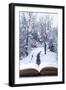 Open Book with Winter Woodland Background and falling Snow-Chris_Elwell-Framed Photographic Print