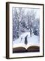 Open Book with Winter Woodland Background and falling Snow-Chris_Elwell-Framed Photographic Print