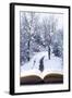 Open Book with Winter Woodland Background and falling Snow-Chris_Elwell-Framed Photographic Print