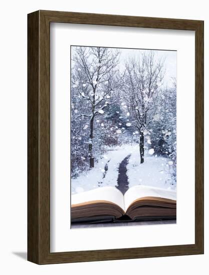 Open Book with Winter Woodland Background and falling Snow-Chris_Elwell-Framed Photographic Print