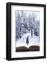 Open Book with Winter Woodland Background and falling Snow-Chris_Elwell-Framed Photographic Print