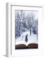 Open Book with Winter Woodland Background and falling Snow-Chris_Elwell-Framed Photographic Print