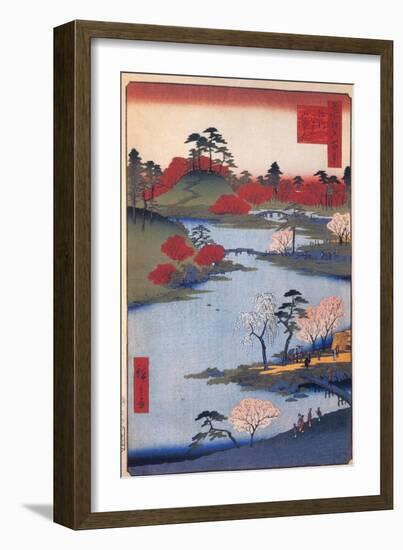 Open Garden at the Hachiman Shrine in Fukagawa. (One Hundred Famous Views of Ed), C. 1858-Utagawa Hiroshige-Framed Giclee Print