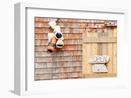 Open Sign in Peggys Cove NS-null-Framed Art Print