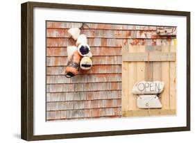 Open Sign in Peggys Cove NS-null-Framed Art Print