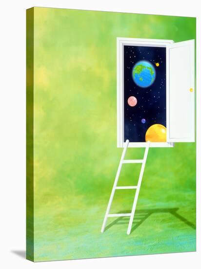 Open White Door with Spheres And White Ladder on Green Background-null-Stretched Canvas