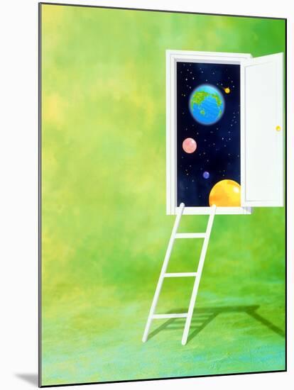 Open White Door with Spheres And White Ladder on Green Background-null-Mounted Photographic Print