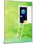 Open White Door with Spheres And White Ladder on Green Background-null-Mounted Photographic Print