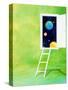 Open White Door with Spheres And White Ladder on Green Background-null-Stretched Canvas