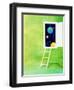 Open White Door with Spheres And White Ladder on Green Background-null-Framed Photographic Print