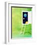 Open White Door with Spheres And White Ladder on Green Background-null-Framed Photographic Print