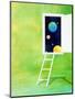 Open White Door with Spheres And White Ladder on Green Background-null-Mounted Photographic Print