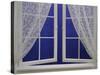 Open Window with Lace Curtains and Simulated Stars Beyond-null-Stretched Canvas