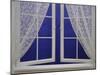 Open Window with Lace Curtains and Simulated Stars Beyond-null-Mounted Photographic Print