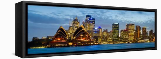 Opera House Lit Up at Dusk, Sydney Opera House, Sydney Harbor, New South Wales, Australia-null-Framed Stretched Canvas