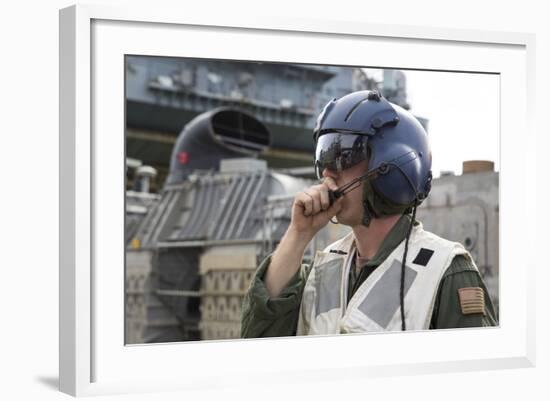 Operations Specialist Radios Instructions from a Landing Craft Air Cushion-null-Framed Photographic Print