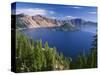 OR, Crater Lake NP. Crater Lake and Wizard Island with distant Hillman Peak-John Barger-Stretched Canvas