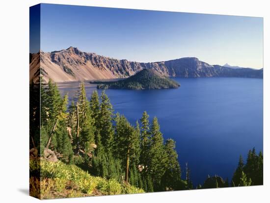 OR, Crater Lake NP. Crater Lake and Wizard Island with distant Hillman Peak-John Barger-Stretched Canvas