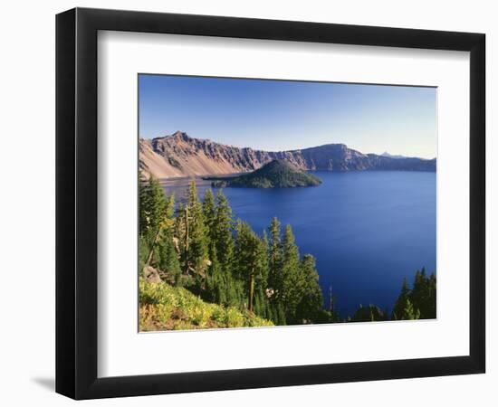 OR, Crater Lake NP. Crater Lake and Wizard Island with distant Hillman Peak-John Barger-Framed Photographic Print