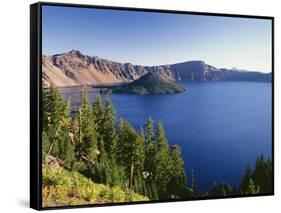 OR, Crater Lake NP. Crater Lake and Wizard Island with distant Hillman Peak-John Barger-Framed Stretched Canvas