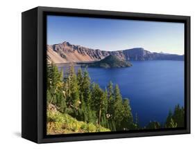 OR, Crater Lake NP. Crater Lake and Wizard Island with distant Hillman Peak-John Barger-Framed Stretched Canvas