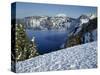 OR, Crater Lake NP. Evening light warms snowy rim of Crater Lake in late afternoon-John Barger-Stretched Canvas