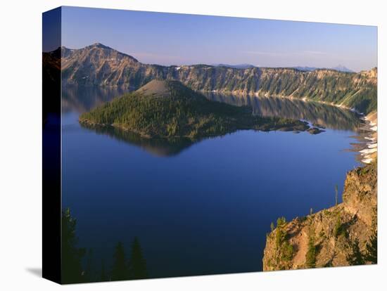 OR, Crater Lake NP. Sunrise light on Wizard Island, view south from Merriam Point-John Barger-Stretched Canvas