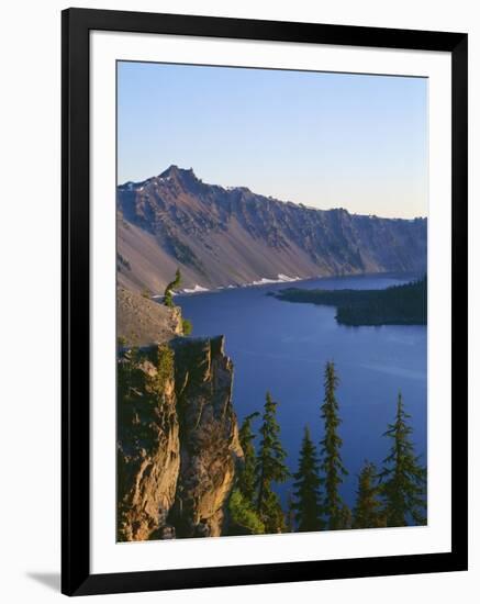 OR, Crater Lake NP. Sunrise on west rim of Crater Lake with Hillman Peak overlooking Wizard Island.-John Barger-Framed Photographic Print