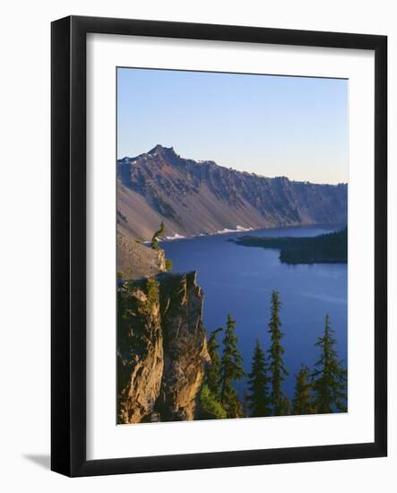 OR, Crater Lake NP. Sunrise on west rim of Crater Lake with Hillman Peak overlooking Wizard Island.-John Barger-Framed Photographic Print