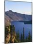 OR, Crater Lake NP. Sunrise on west rim of Crater Lake with Hillman Peak overlooking Wizard Island.-John Barger-Mounted Photographic Print