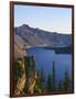 OR, Crater Lake NP. Sunrise on west rim of Crater Lake with Hillman Peak overlooking Wizard Island.-John Barger-Framed Photographic Print