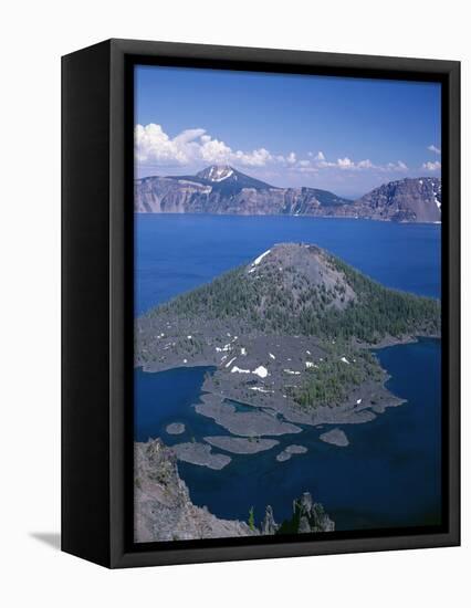 OR, Crater Lake NP. View east across Crater Lake from directly above Wizard Island-John Barger-Framed Stretched Canvas