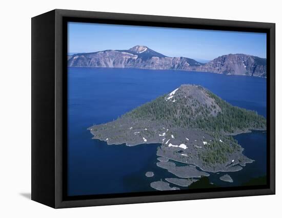 OR, Crater Lake NP. View east across Crater Lake from directly above Wizard Island-John Barger-Framed Stretched Canvas