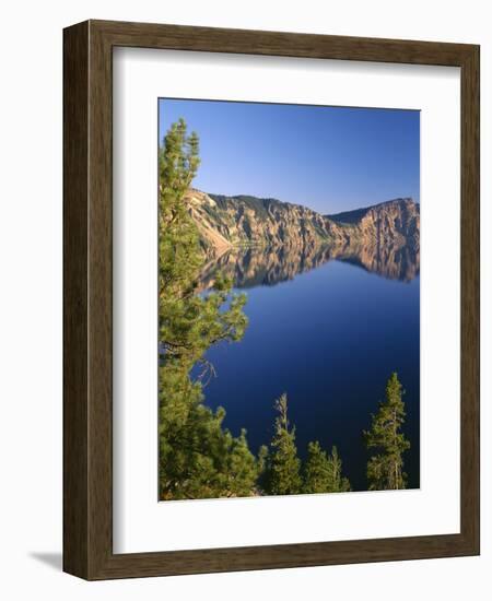 OR, Crater Lake NP. Whitebark pines frame view south from Palisade Point towards Sentinel Rock-John Barger-Framed Photographic Print