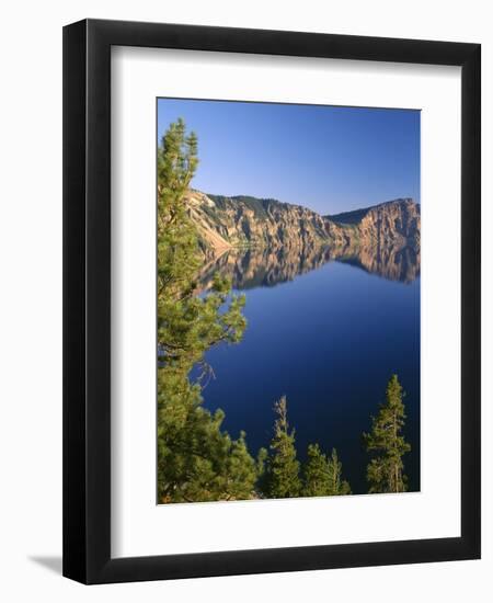 OR, Crater Lake NP. Whitebark pines frame view south from Palisade Point towards Sentinel Rock-John Barger-Framed Photographic Print
