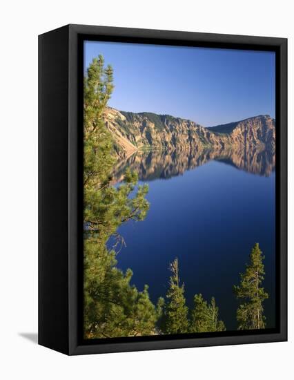 OR, Crater Lake NP. Whitebark pines frame view south from Palisade Point towards Sentinel Rock-John Barger-Framed Stretched Canvas