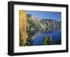 OR, Crater Lake NP. Yellow lichens on the Palisades frame view south from Palisade Point-John Barger-Framed Photographic Print