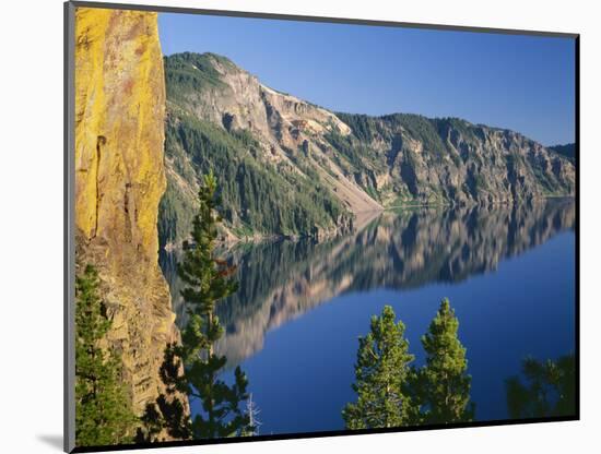 OR, Crater Lake NP. Yellow lichens on the Palisades frame view south from Palisade Point-John Barger-Mounted Photographic Print