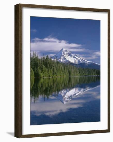 OR, Mount Hood NF and conifer forest reflect on calm surface of Lost Lake.-John Barger-Framed Photographic Print
