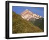 OR, Mount Hood NF. Mount Hood Wilderness, West side of Mount Hood and summer wildflowers-John Barger-Framed Photographic Print