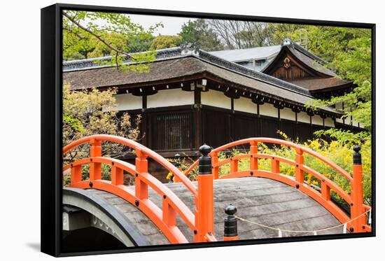 Orange Arched Bridge of Japanese Temple Garden in Shimogamo-Jinja, Kyoto, Japan-elwynn-Framed Stretched Canvas