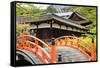 Orange Arched Bridge of Japanese Temple Garden in Shimogamo-Jinja, Kyoto, Japan-elwynn-Framed Stretched Canvas