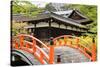 Orange Arched Bridge of Japanese Temple Garden in Shimogamo-Jinja, Kyoto, Japan-elwynn-Stretched Canvas